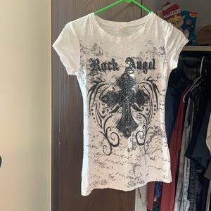 A woman’s rock Angel T-shirt size medium, white and black